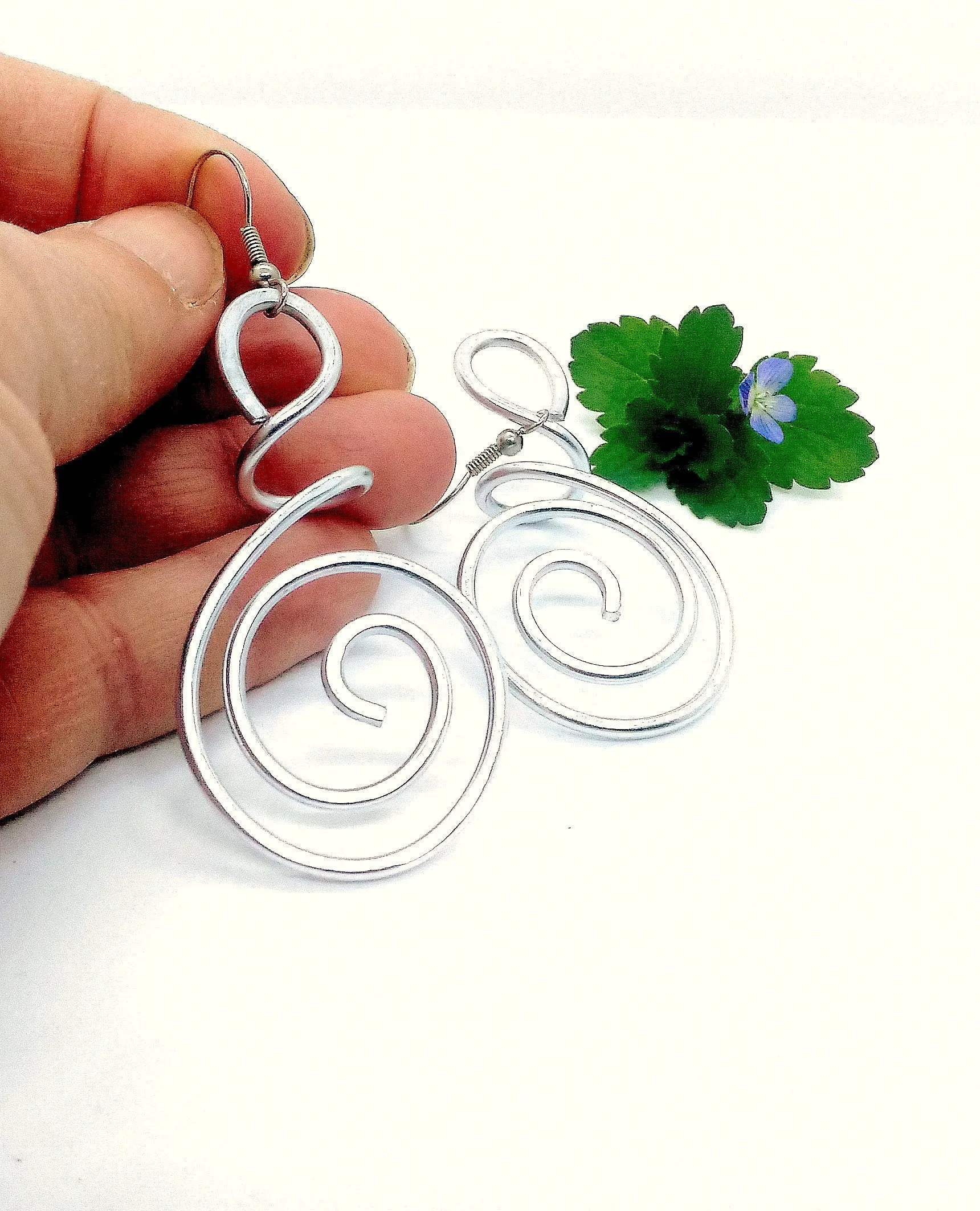 Aluminium earrings with spirals. Aluminum wire wrapped earrings. Double spiral earrings