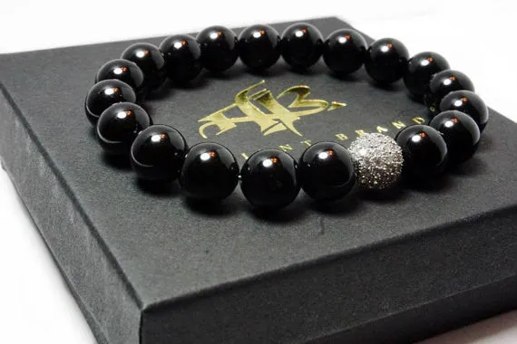Ashton 10mm Black Onyx Beads & Sterling Silver Pave Bead Stretch Bracelet