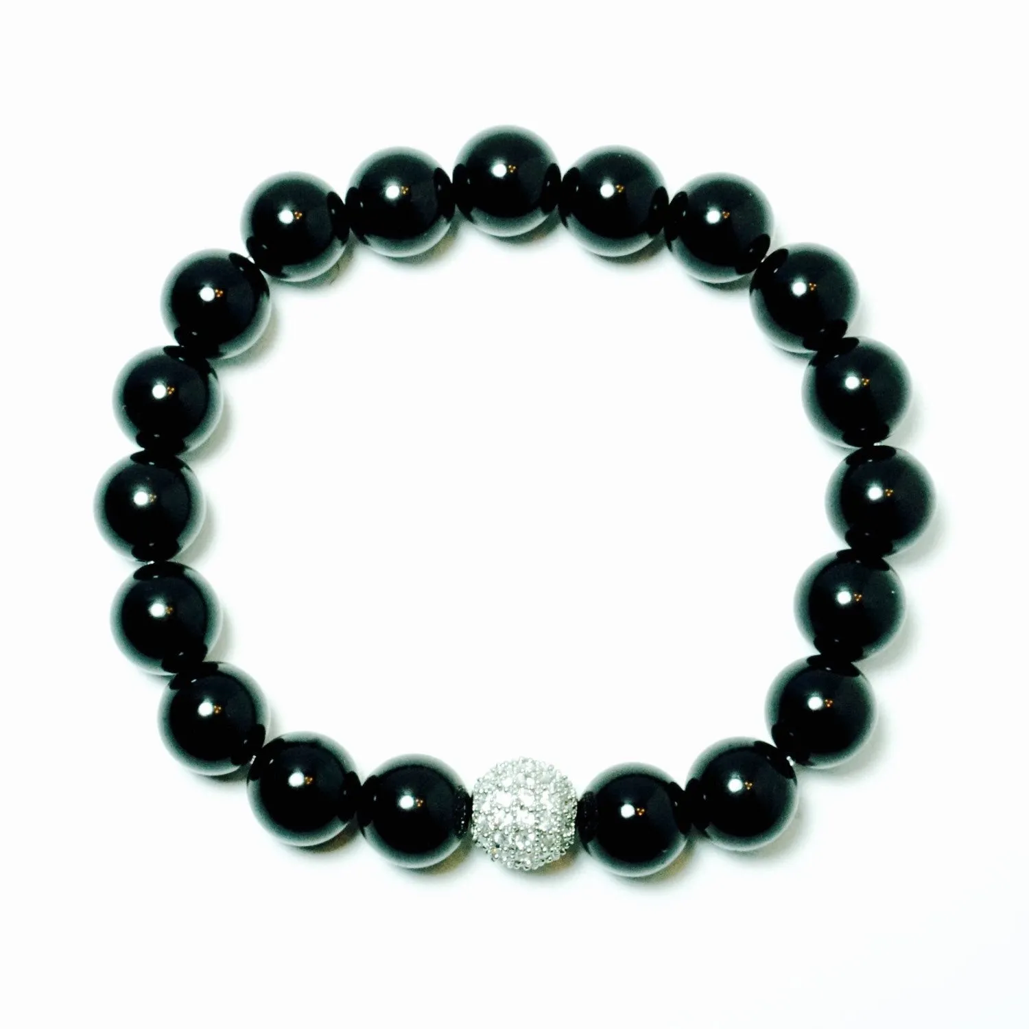 Ashton 10mm Black Onyx Beads & Sterling Silver Pave Bead Stretch Bracelet