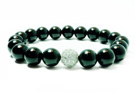 Ashton 10mm Black Onyx Beads & Sterling Silver Pave Bead Stretch Bracelet