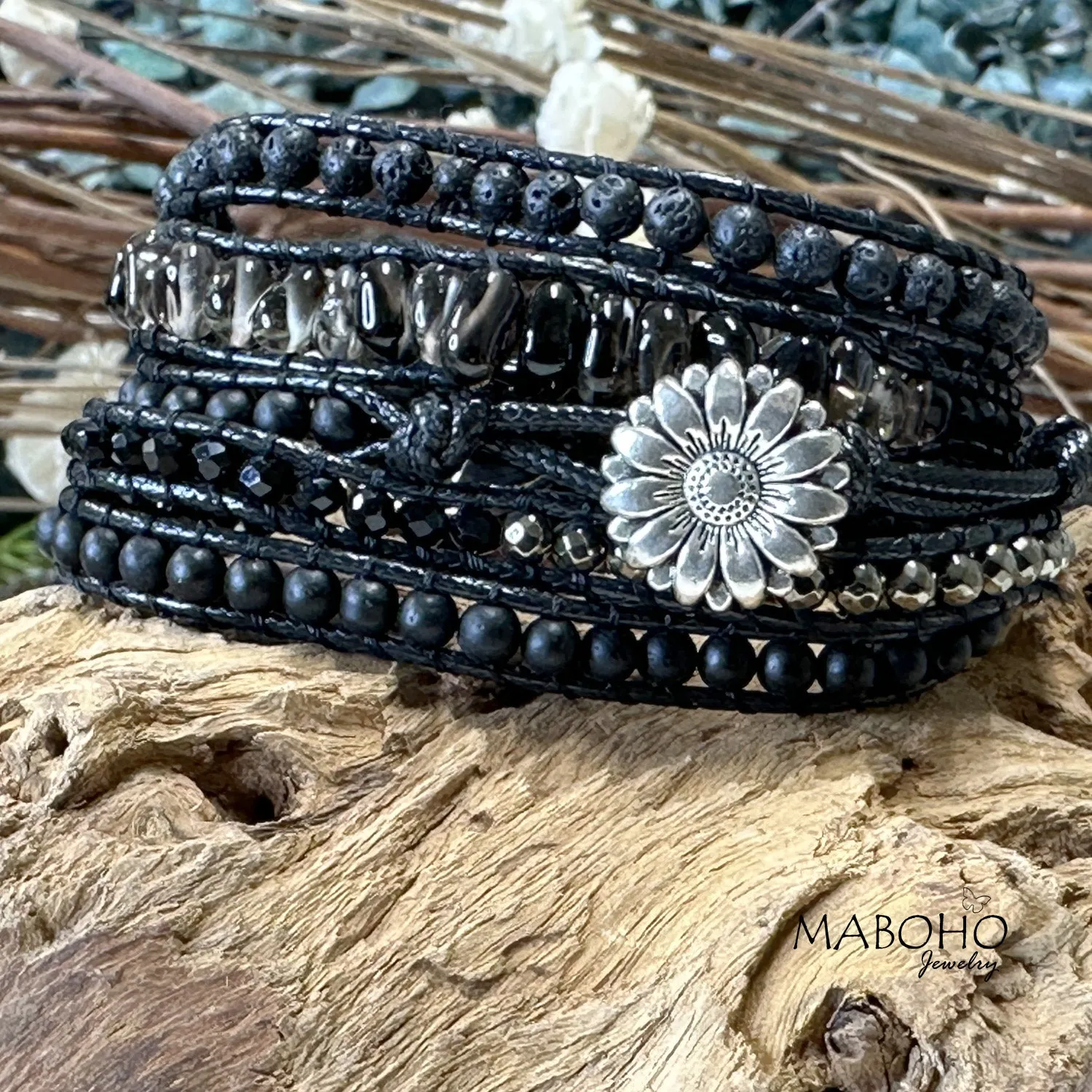 Black Onyx 5 Wrap Natural Crystal Adjustable Bracelet