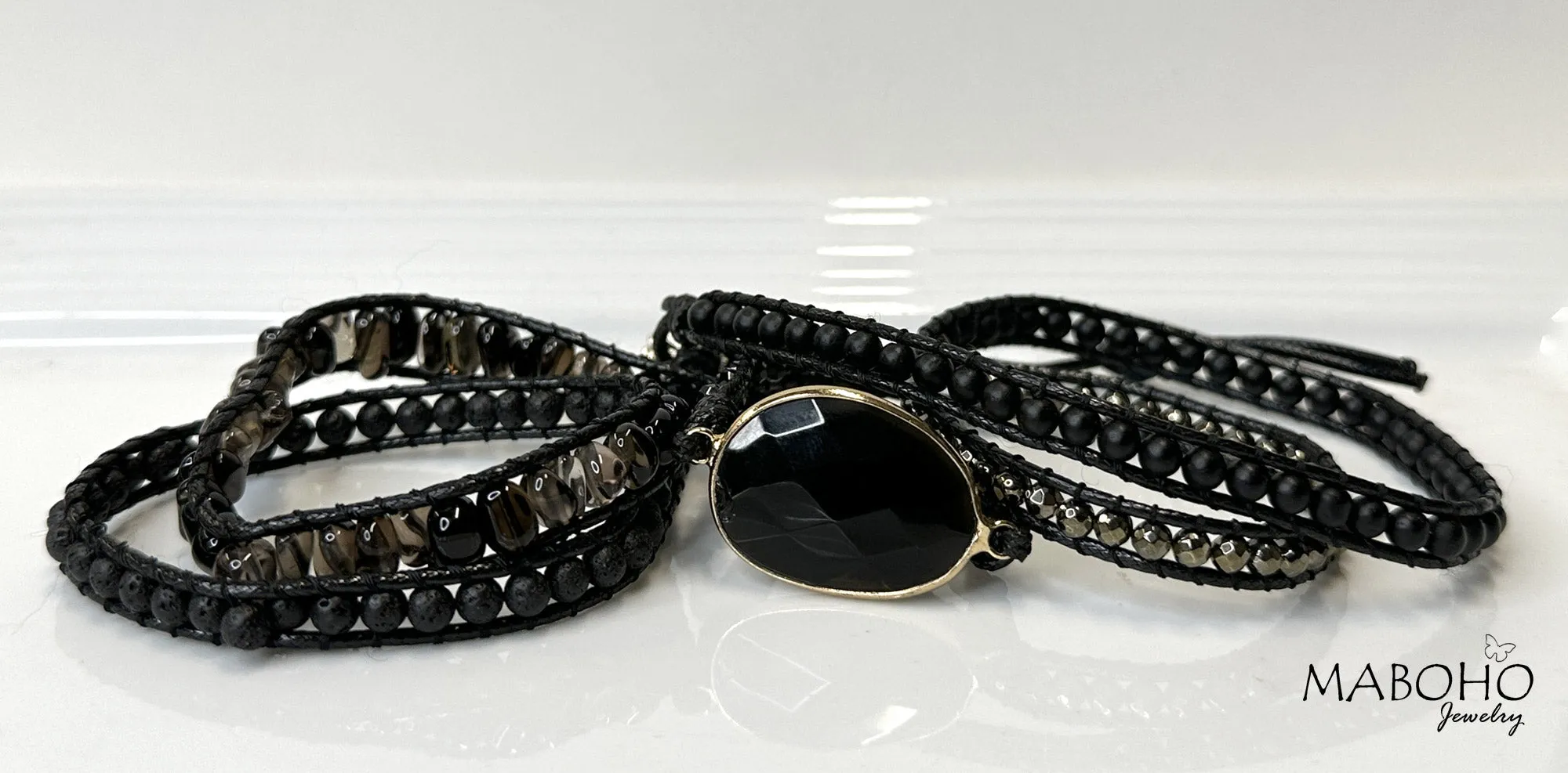 Black Onyx 5 Wrap Natural Crystal Adjustable Bracelet