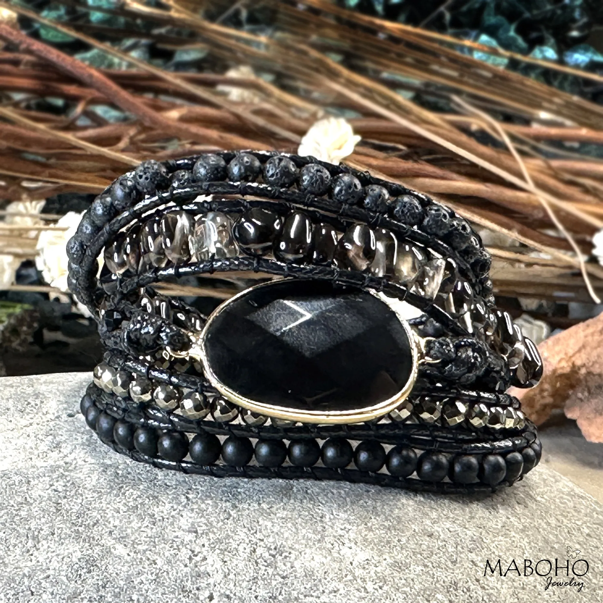Black Onyx 5 Wrap Natural Crystal Adjustable Bracelet