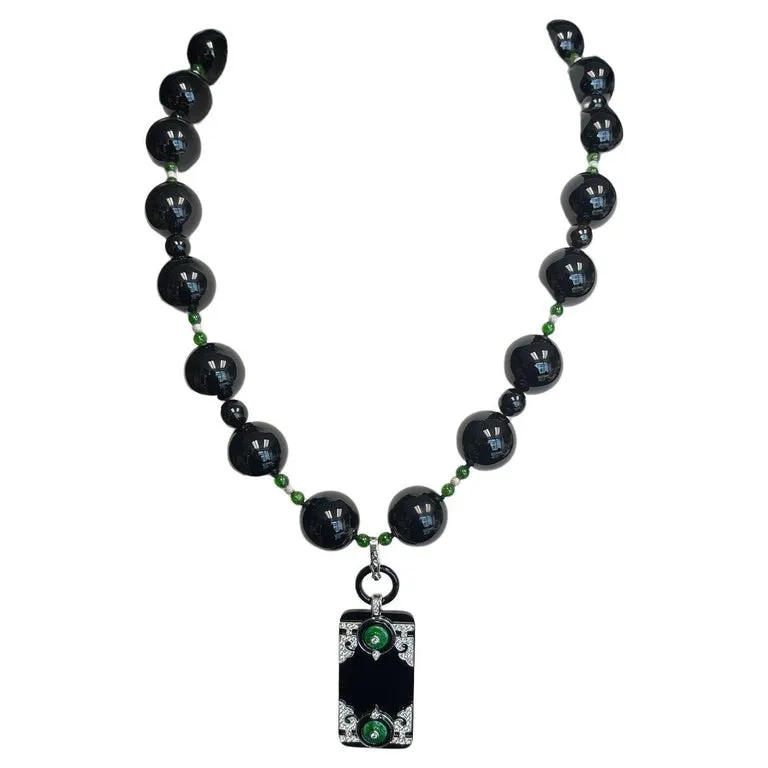 Black Onyx, Jade, and Diamond Necklace Enhancer in 18k White Gold