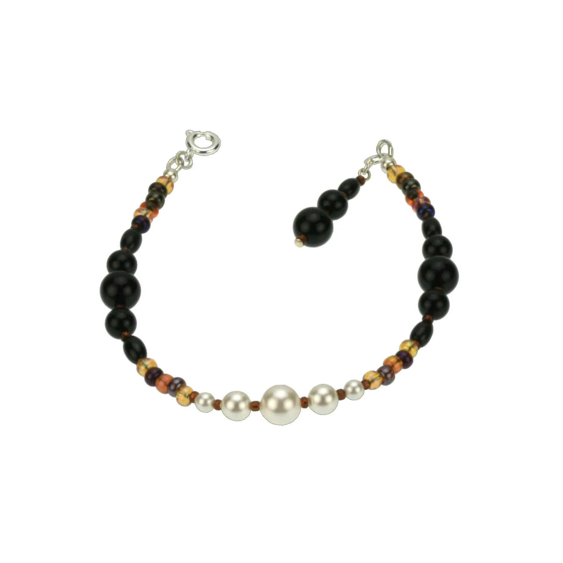 Black Onyx, White Pearls and Bronze Rocaille Silver Bracelet