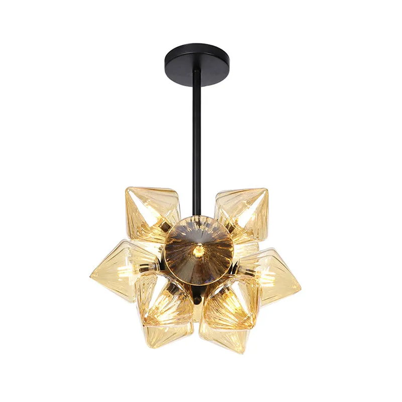 Contemporary Amber Glass Diamond Chandelier Lamp - 9/12 Bulbs - Hanging Pentant Light for Living Room