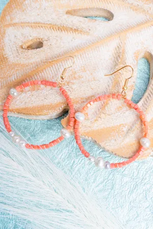 Coral & Pearl Cube Beaded Loop Earrings