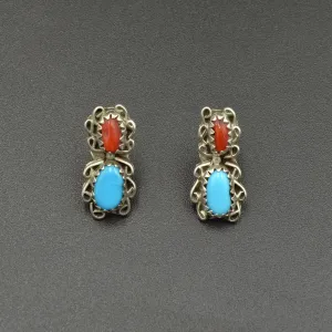 Coral, Turquoise and Silver Earrings