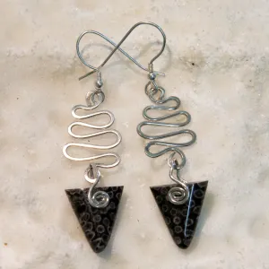 FC09E Fossilised Coral Triangle Earrings with Wavy Silver Wire detail
