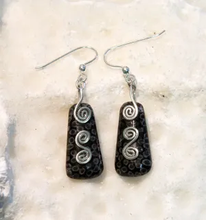 FC25E Fossilised Coral Rectangle Earrings with 3 Sterling Silver Spirals