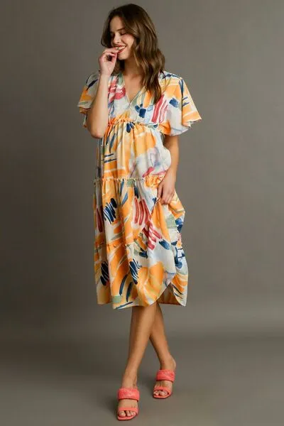 Multicolor Abstract Print Flutter Sleeve Frill Tiered Midi Dress