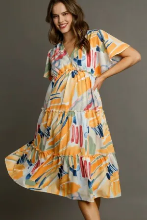 Multicolor Abstract Print Flutter Sleeve Frill Tiered Midi Dress