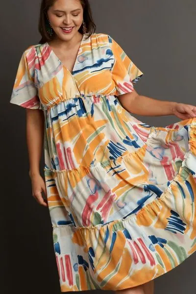 Multicolor Abstract Print Flutter Sleeve Frill Tiered Midi Dress