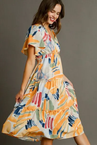 Multicolor Abstract Print Flutter Sleeve Frill Tiered Midi Dress