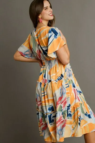 Multicolor Abstract Print Flutter Sleeve Frill Tiered Midi Dress