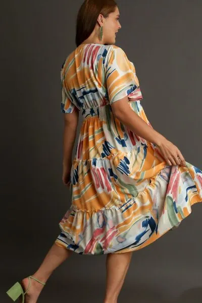 Multicolor Abstract Print Flutter Sleeve Frill Tiered Midi Dress