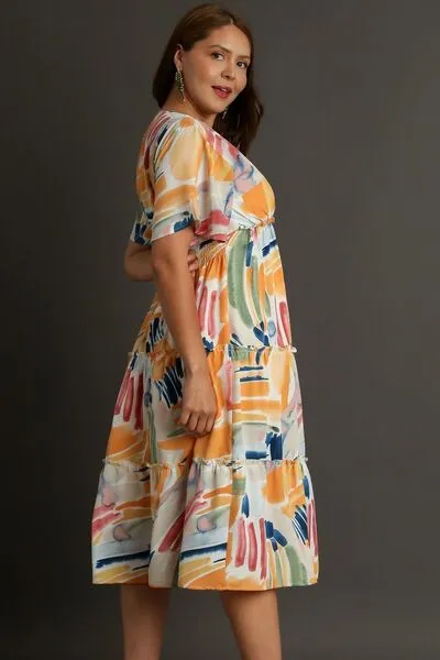 Multicolor Abstract Print Flutter Sleeve Frill Tiered Midi Dress