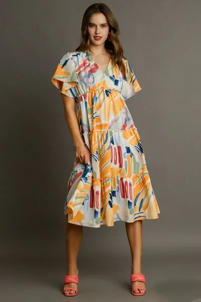 Multicolor Abstract Print Flutter Sleeve Frill Tiered Midi Dress