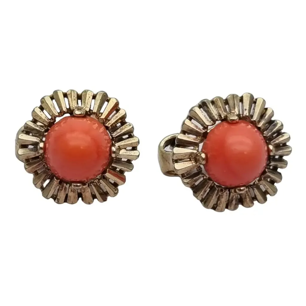 Red coral and golden silver earrings for women, original from the 70s.