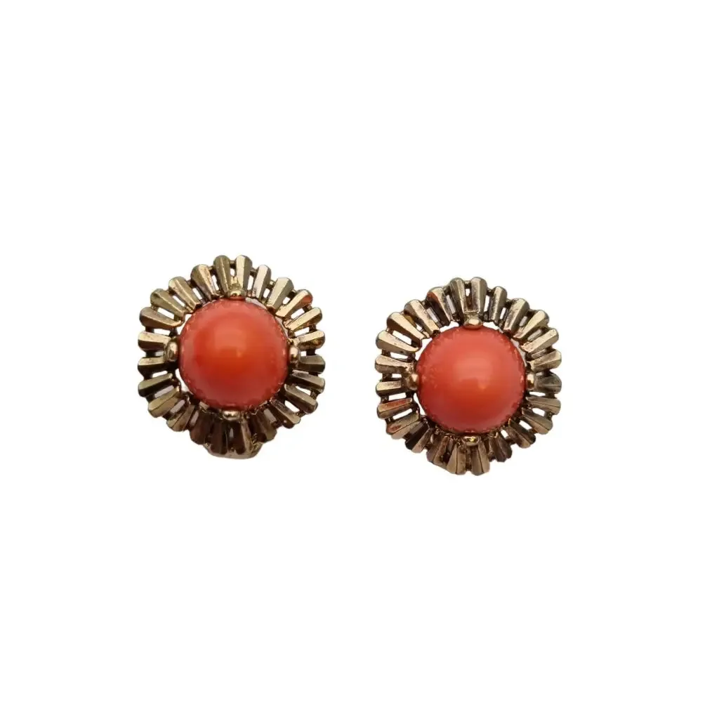 Red coral and golden silver earrings for women, original from the 70s.