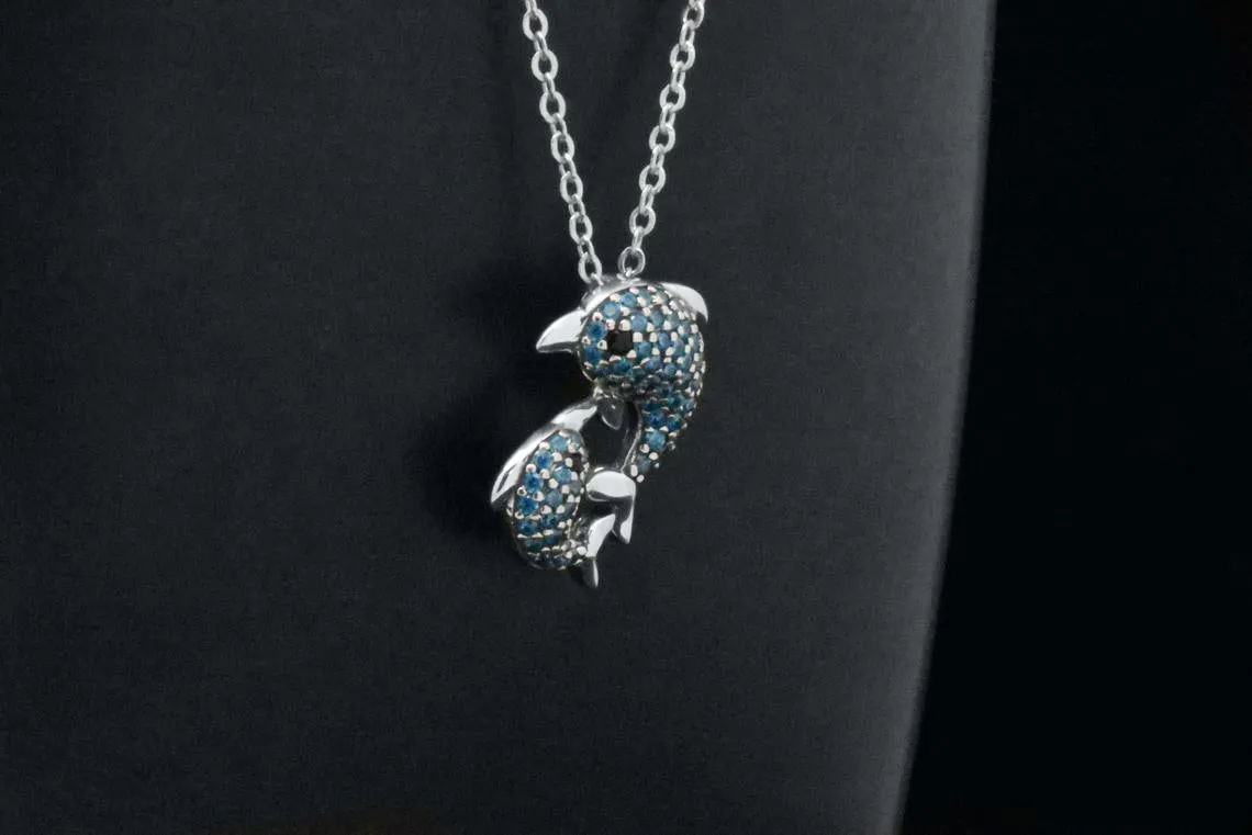 Sterling Silver Blue Dolphin Fish Pendant Adjustable Necklace