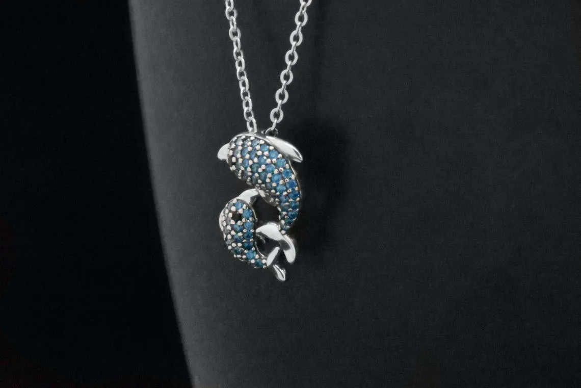 Sterling Silver Blue Dolphin Fish Pendant Adjustable Necklace