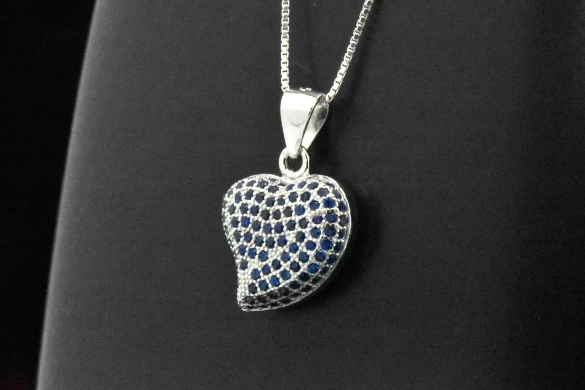 Sterling Silver Created Blue Sapphire Heart Pendant Necklace