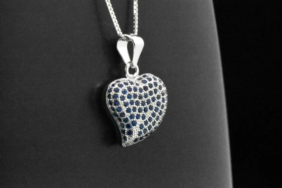 Sterling Silver Created Blue Sapphire Heart Pendant Necklace