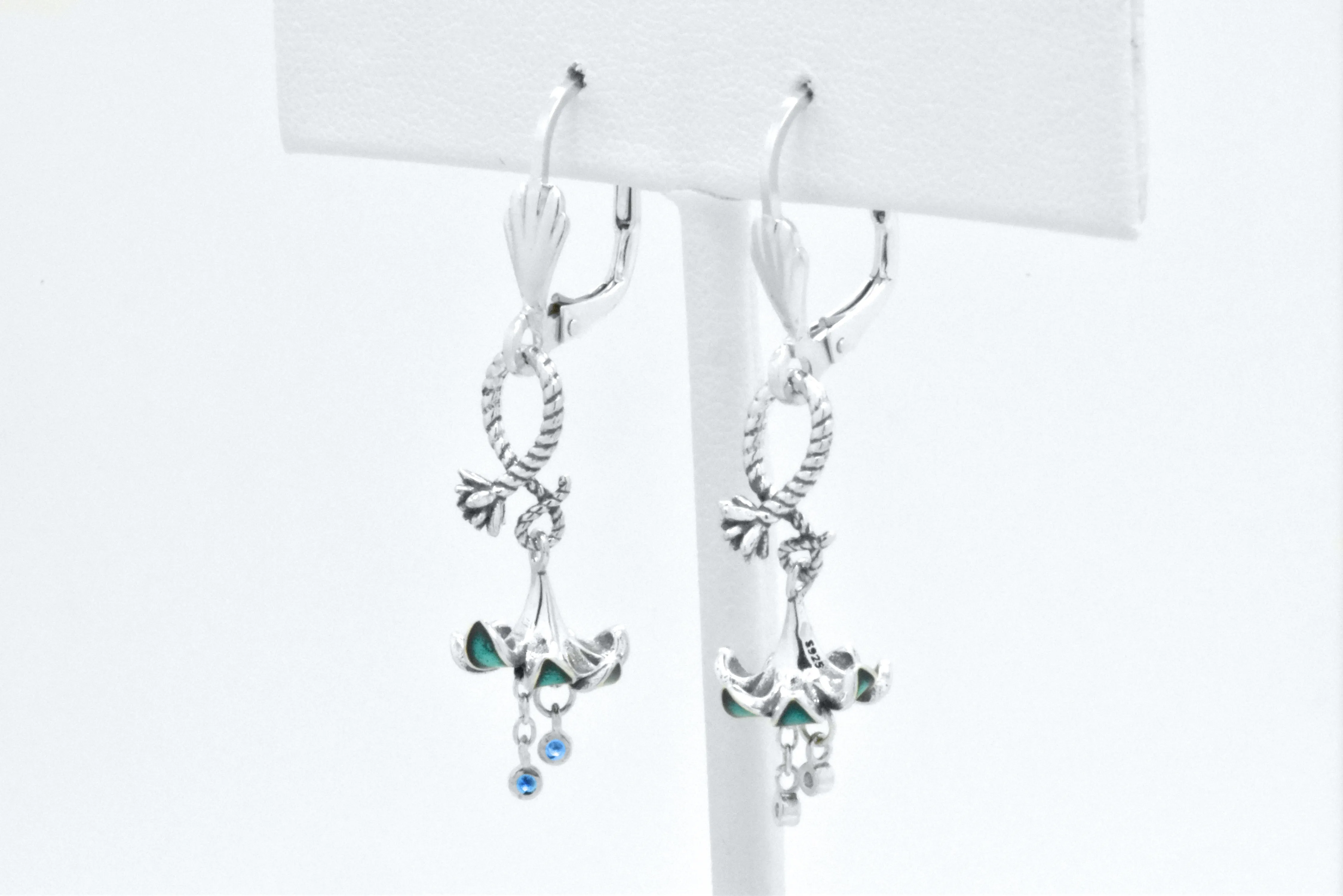 Sterling Silver Dream Floral Blue Enamel Flower Blue Topaz Stud Earrings