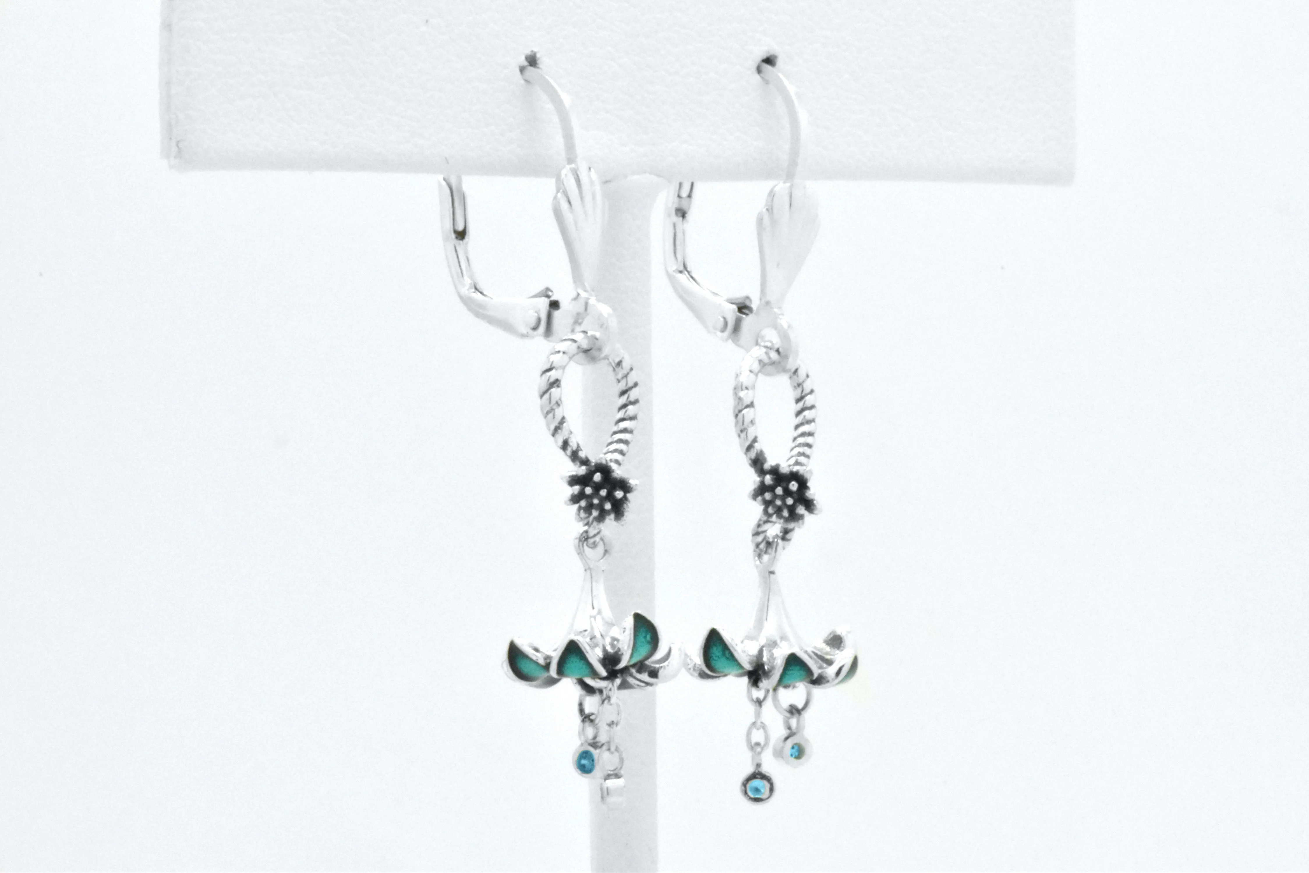 Sterling Silver Dream Floral Blue Enamel Flower Blue Topaz Stud Earrings