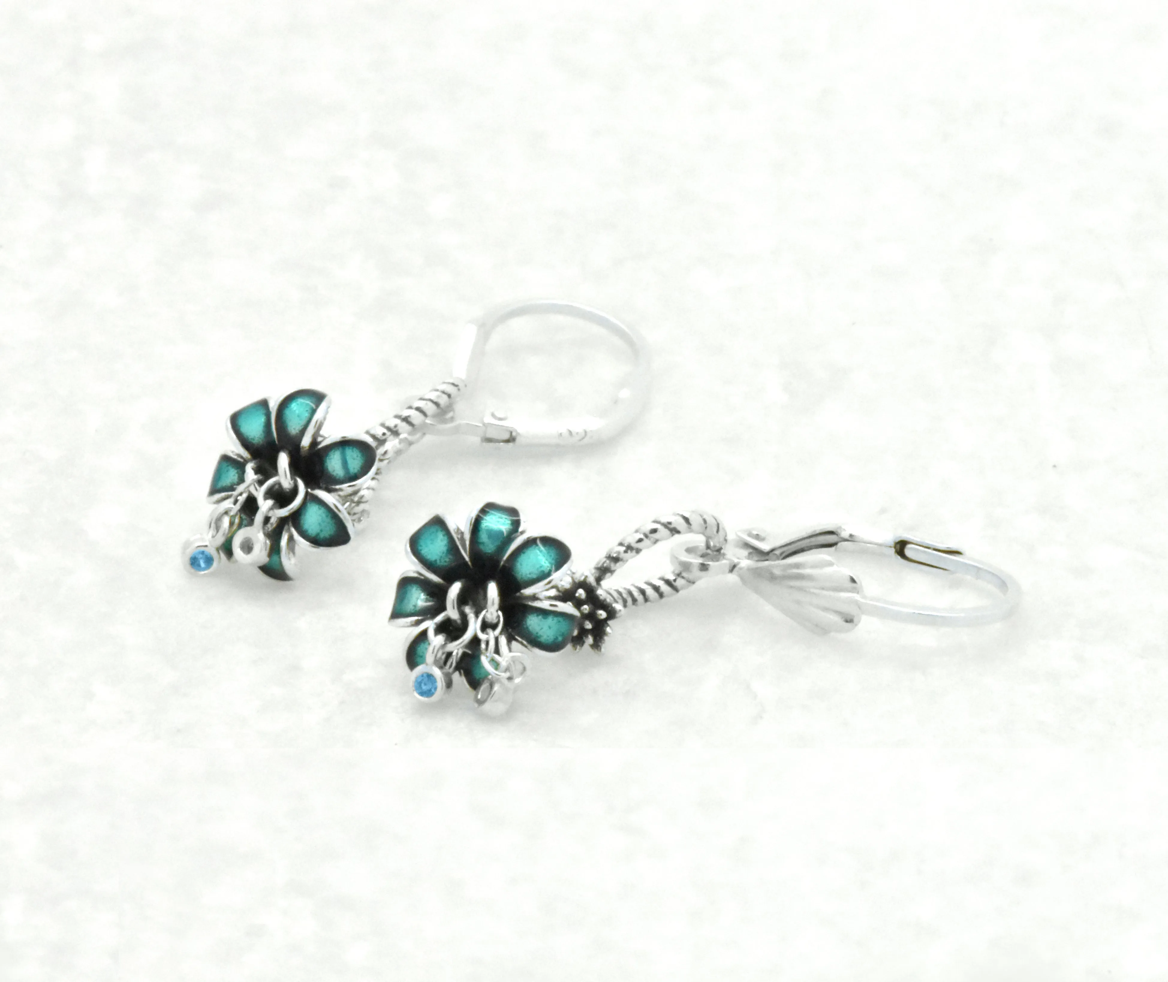 Sterling Silver Dream Floral Blue Enamel Flower Blue Topaz Stud Earrings