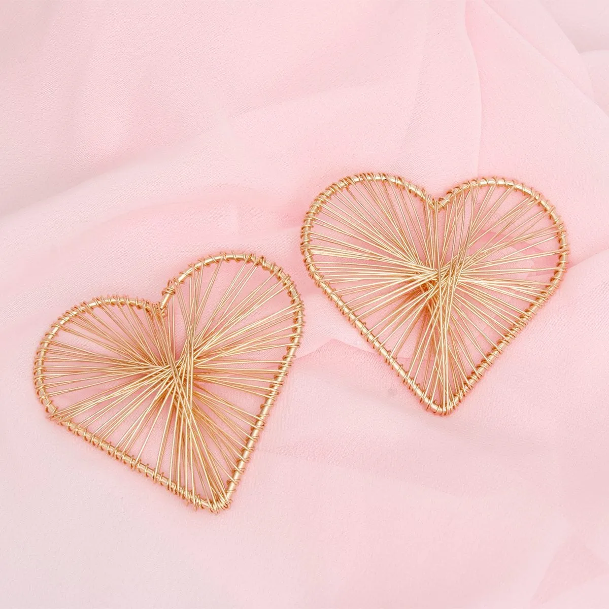 Stud Gold Wire Wrapped Angled Heart Earrings