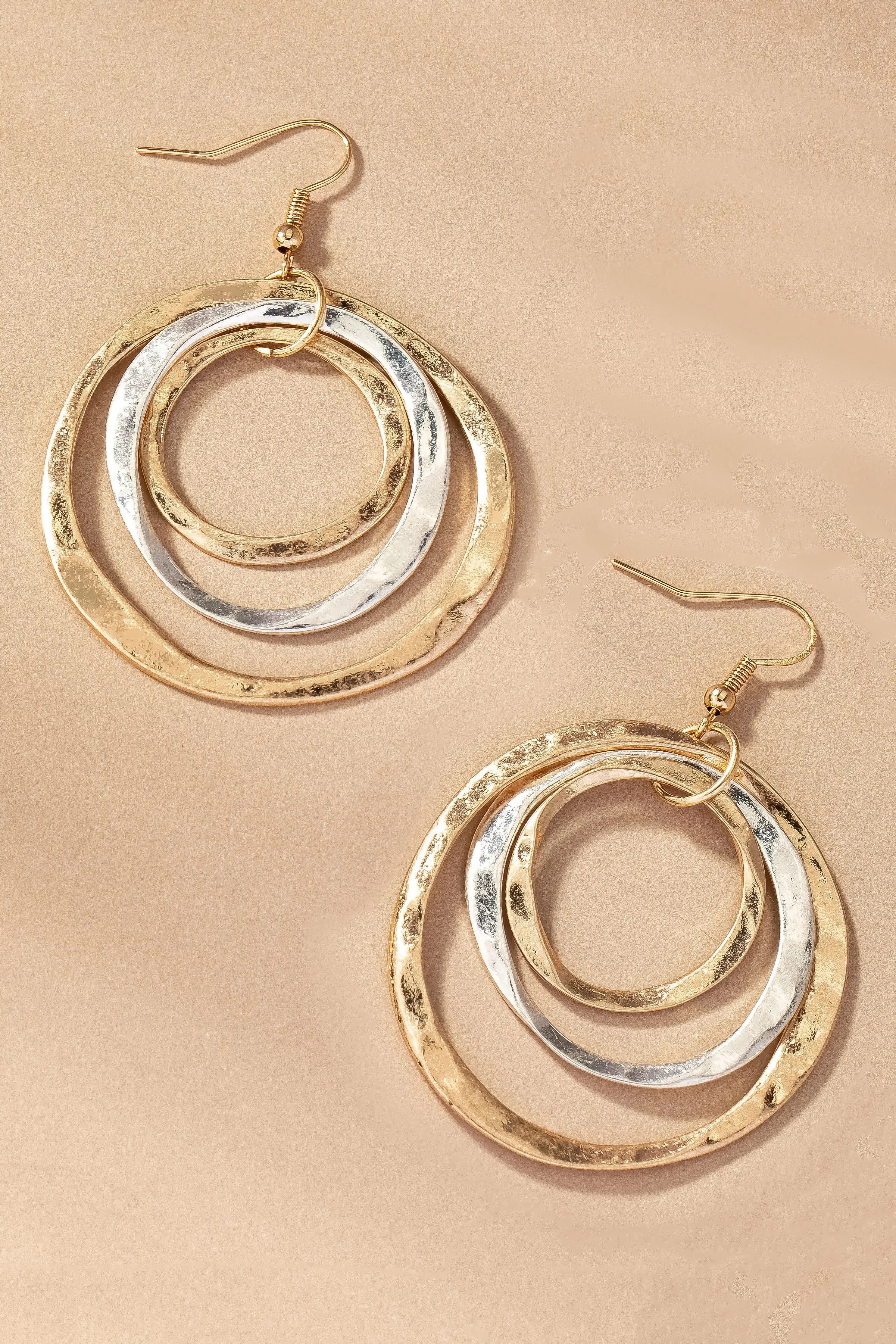 Two tone three Hammered Hoop Earrings