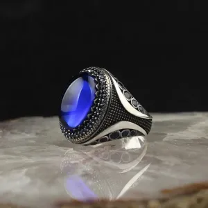 Vintage Silver Color Hand Carved Turkish Signet Ring for Men Geometric Mosaic Blue Stones Punk Ring Wedding Party Jewelry