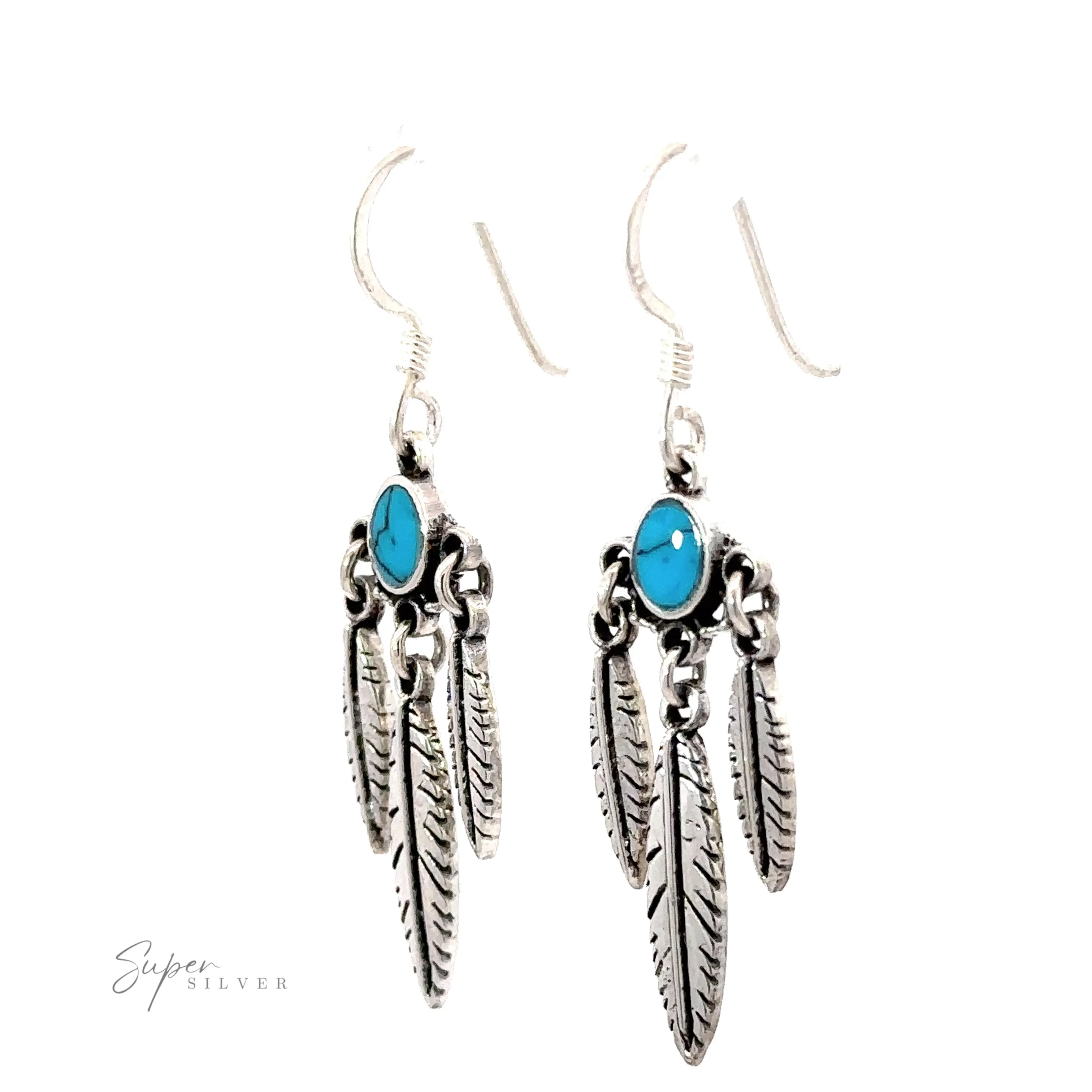 Western Inspired Earrings With Feather Dangles and Inlay Stones