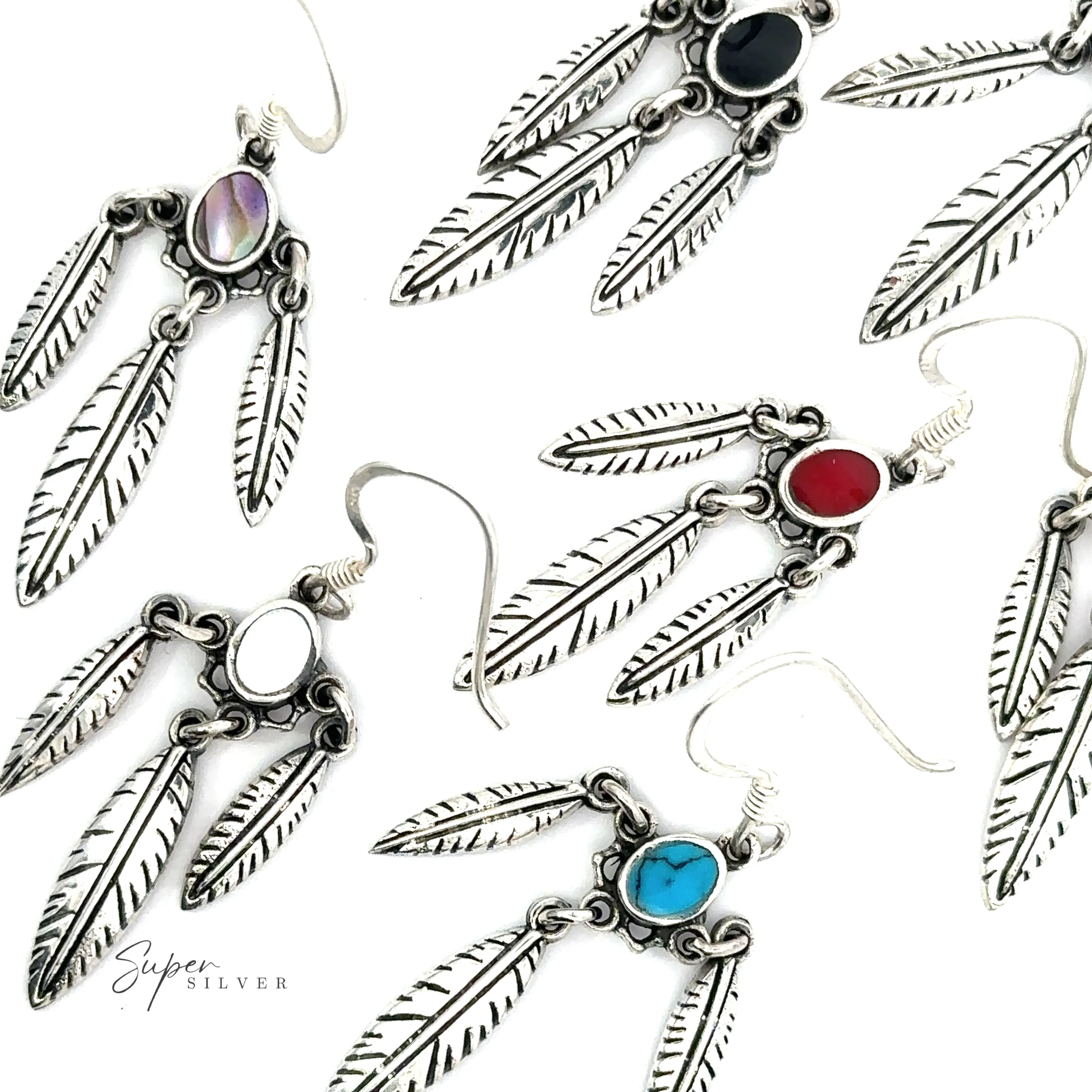 Western Inspired Earrings With Feather Dangles and Inlay Stones