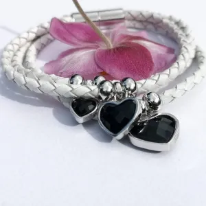 White Leather Bracelet Silver 925 Black Onyx