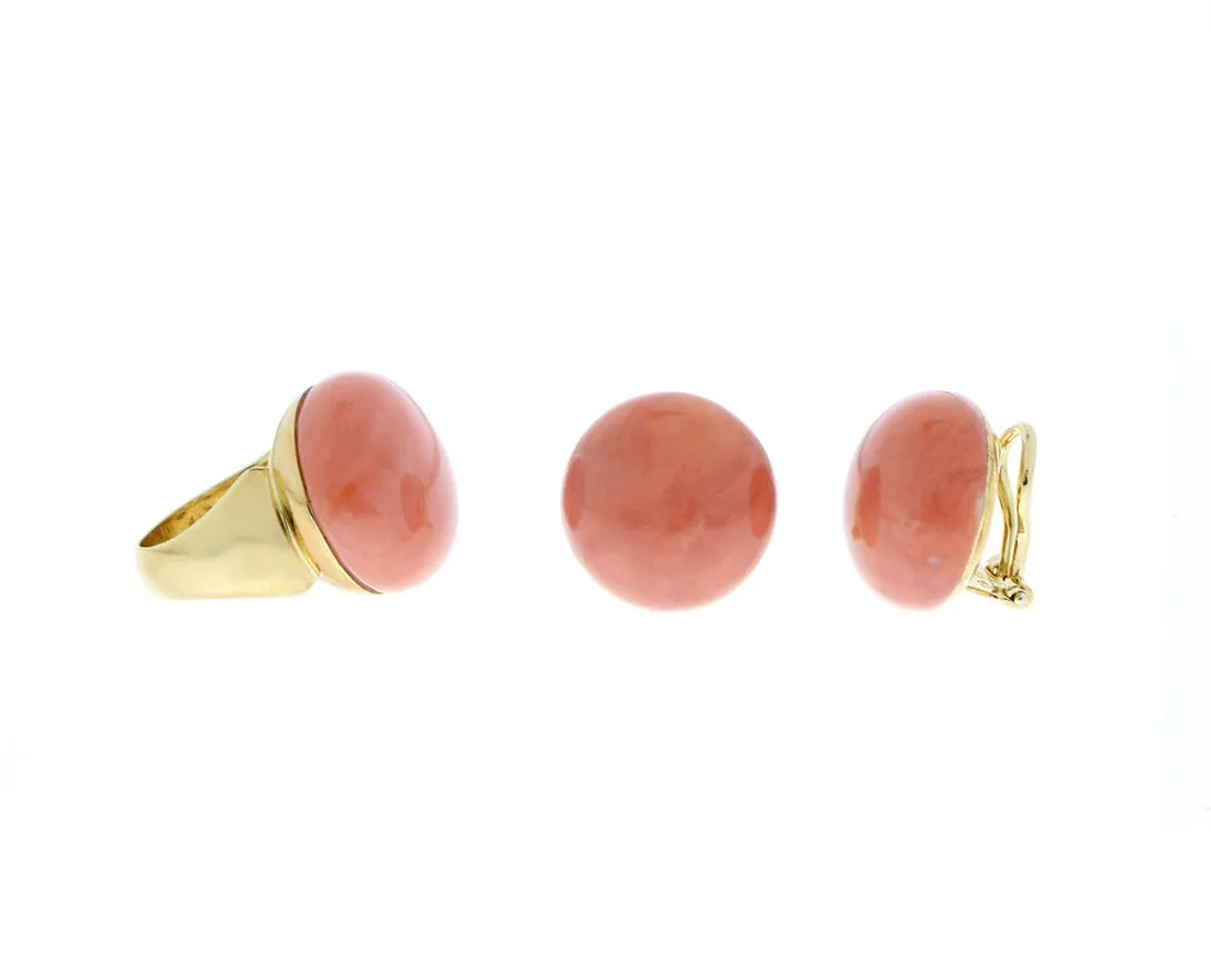 Yellow gold cabochon cut coral ring and earrings