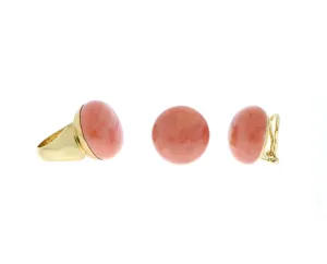 Yellow gold cabochon cut coral ring and earrings
